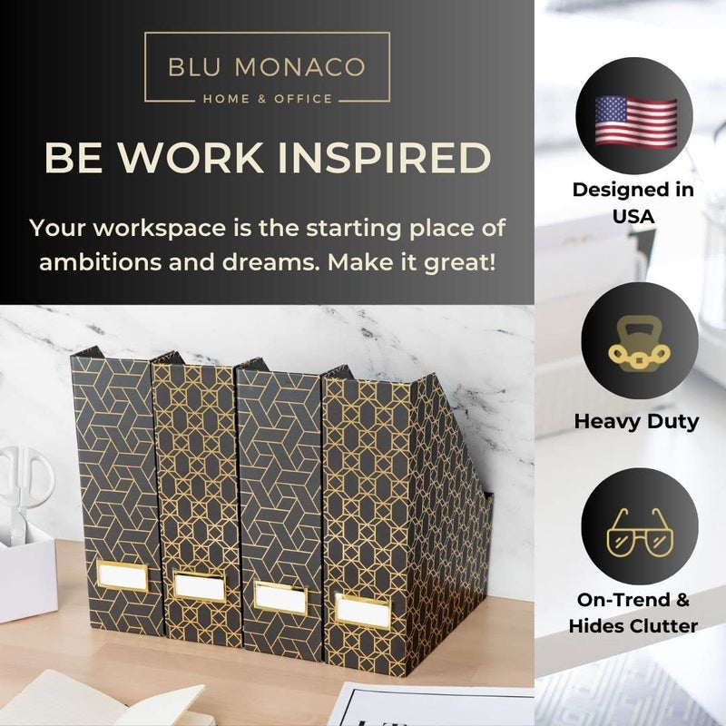 BLU MONACO | Set of 4 Black & Gold Geometric Magazine File Holders with Gold Label Holders | Stylish Vertical File Organizer Boxes for Desk, Bookshelf & Office Storage - Image 2